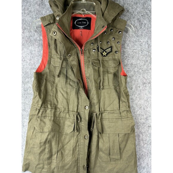 LOVE TREE Olive Green Linen Sleeveless Cinched Waist Military Hooded Vest Sz M - Picture 3 of 9